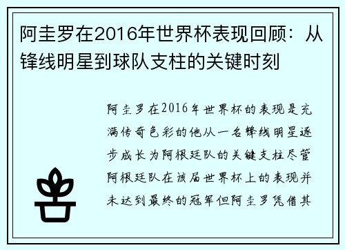阿圭罗在2016年世界杯表现回顾:从锋线明星到球队支柱的关键时刻 阿圭罗在2016年世界杯表现回顾:从锋线明星到球队支柱的关键时刻