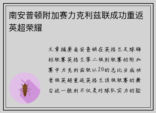 南安普顿附加赛力克利兹联成功重返英超荣耀 南安普顿附加赛力克利兹联成功重返英超荣耀
